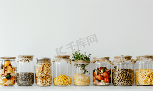白色背景上装有食品成分的玻璃罐零废物概念