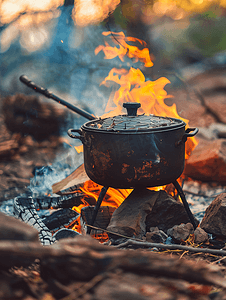 野餐篝火旁沸腾锅的特写远足烹饪概念