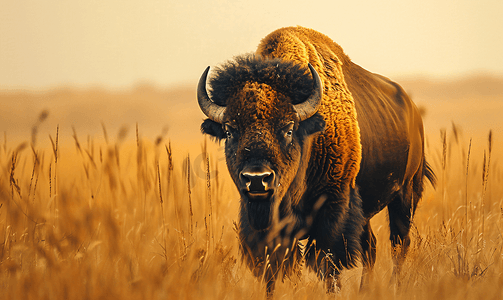 西牛摄影照片_令人惊叹的野牛穿过南达科他州高高的草丛