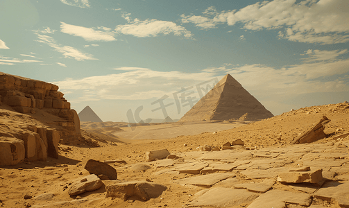古代姥爷摄影照片_埃及吉萨金字塔群从高原到建筑群南部