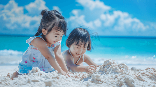 春暖花烂漫摄影照片_海边玩沙子捡贝壳的儿童10