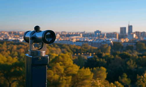 双筒望远镜和西班牙马德里的天际线