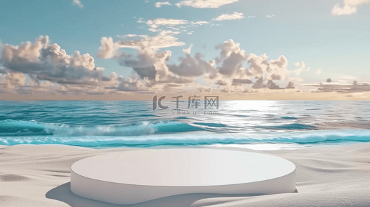 蓝色夏日白色沙滩上的电商圆展台设计图