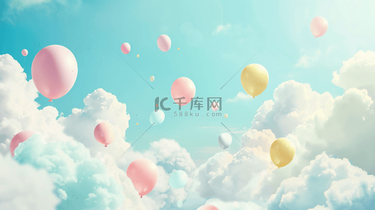 气球大坐战背景图片_六一儿童节梦幻云朵粉彩气球背景