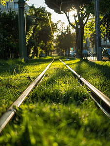旅游线路设计摄影照片_绿草覆盖的电车轨道