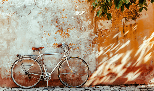 自行车复古摄影照片_靠在墙上的老式自行车