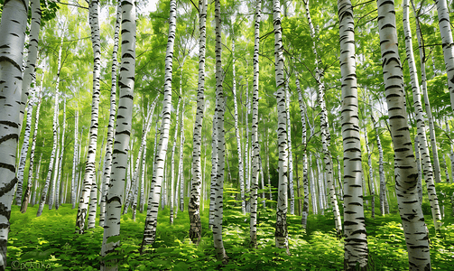 密集树叶摄影照片_夏日绿色森林中的白桦树