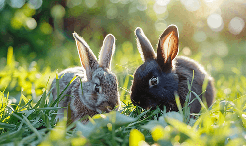 小兔子耳朵摄影照片_灰色和黑色的小兔子吃草特写