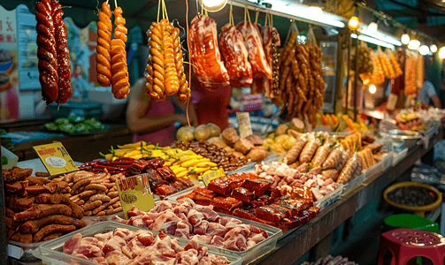 哈萨克斯坦摄影照片_哈萨克斯坦阿拉木图绿色集市上展示的肉类