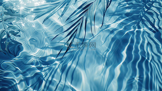 透明蓝色清澈的水波棕榈叶背景图