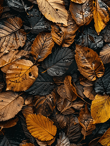 深秋地面上湿漉漉的落叶景象