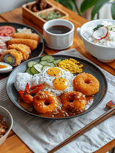 早餐桌包括日式韩式咖喱和自制甜甜圈