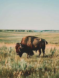 南达科他州平原草地上的野牛放牧