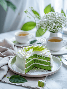 绿茶片与椰子蛋糕混合