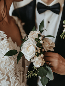 背景元素绿色摄影照片_婚礼当天新娘为新郎戴上白玫瑰胸花