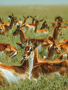 红色小五角星摄影照片_一群红羚羊在草地上吃草或躺下