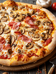 快餐厚面团上烤制的冷冻披萨配上火腿、蘑菇和奶酪即食