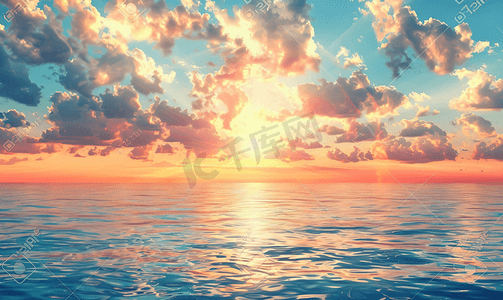扁平几何橙色摄影照片_日落天空与壮丽的晚霞在海上美丽的日出