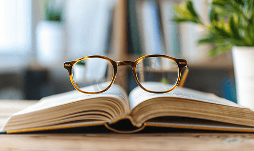 木桌上带眼镜的打开的书的特写柔和的焦点