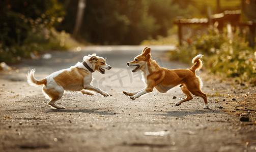 狗在外面玩耍宠物打架狗在沥青上奔跑