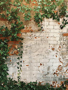 常春藤和墙壁与棕色砖摘要背景