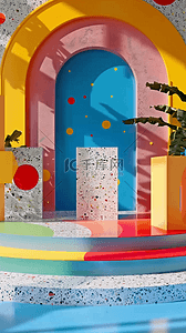 明亮色彩背景图片_618蒙德里安色块大理石电商展台素材