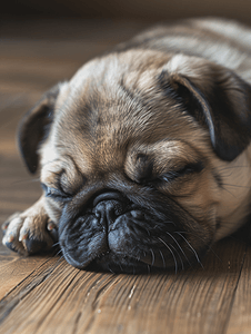 可爱的哈巴狗小狗睡在木地板上复古色调的特写脸