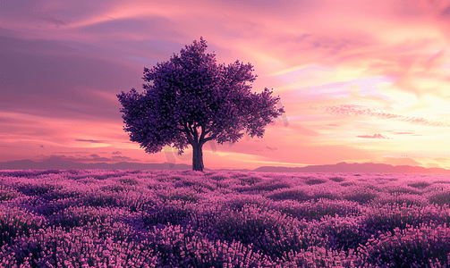 孤独的树摄影照片_紫色薰衣草花田与孤独的树