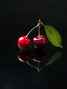红色果汁摄影照片_黑色背景中分离出两颗樱桃