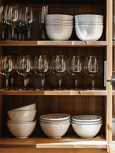 厨房柜子架子上的一套盘子、杯子和酒杯