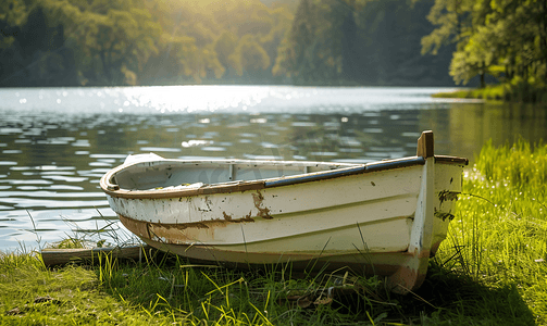 阳光明媚的日子划艇停在湖边