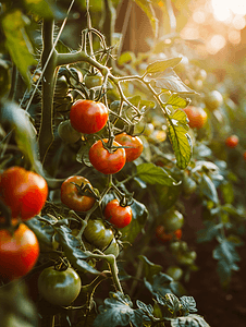 农村小说封面摄影照片_花园里果实成熟的番茄灌木