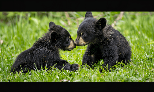 可爱动物幼崽摄影照片_可爱的黑熊幼崽在草地上一起玩耍