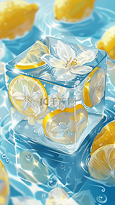 logo片头图片背景图片_夏日清新可爱冰块里的柠檬花朵图片