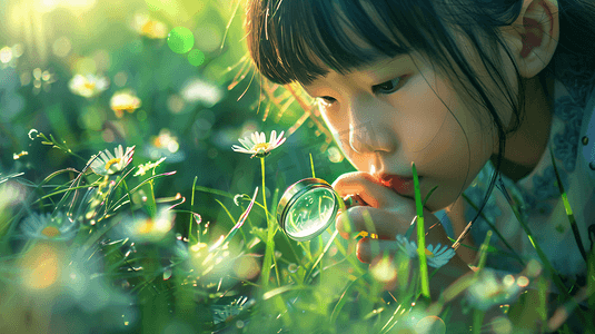 草地1摄影照片_用放大镜观察植物的女孩1