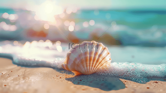 沙滩图背景图片_夏日海景沙滩上的海水海螺背景图