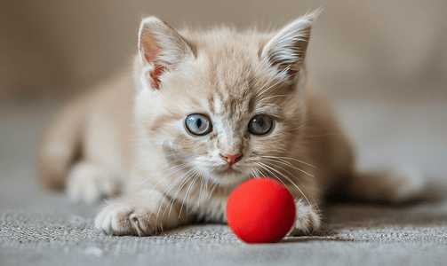 米色沙发摄影照片_可爱的躺着米色蓝眼睛的苏格兰小猫带红球