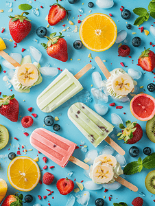 冰淇淋双球摄影照片_蓝色背景中冰棒冰淇淋形式的水果味慕斯甜点