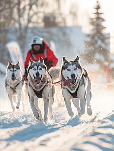 跑步冲刺摄影照片_冬季雪橇犬比赛