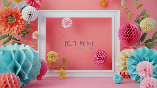 夏日618促销立体粉色花朵边框背景图片