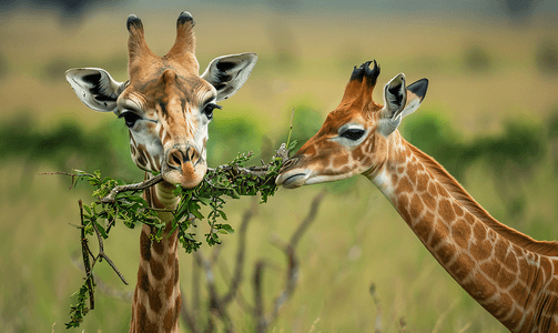 长颈鹿正在吃树枝前景是红羚羊