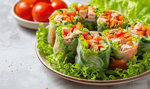 蔬菜春卷新鲜卷沙拉由混合蔬菜和烤鸡制成