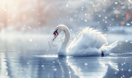 白色的天鹅摄影照片_池塘里的白天鹅美丽而优雅