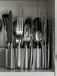 厨房橱柜架子上的餐具勺、叉子、刀和茶勺