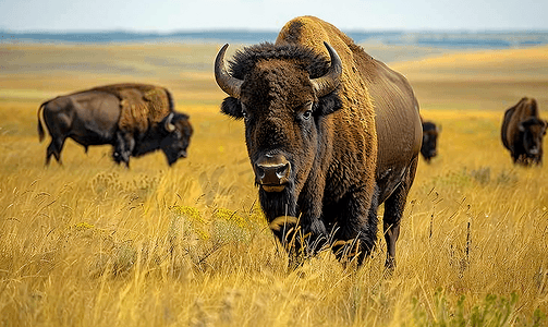野牛在南达科他州的草原上吃草