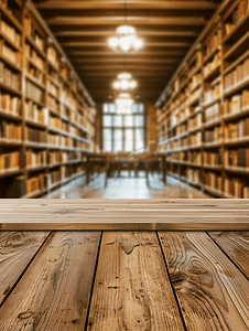 设置木桌与图书馆模糊背景