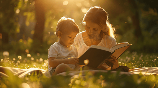 草坪上和妈妈一起看书的儿童3