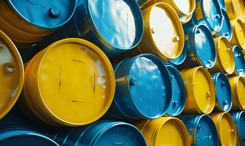 工业垃圾摄影照片_蓝色和黄色油桶或垂直堆叠的化学桶