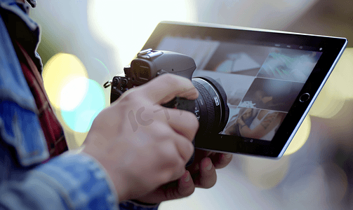 摄影师将图像从相机上传到平板电脑的特写