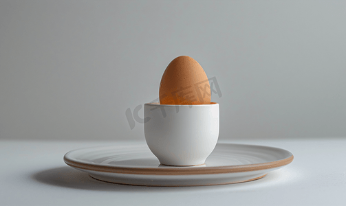 煮熟鸡蛋摄影照片_灰色盘子里杯子里的软煮棕色鸡蛋